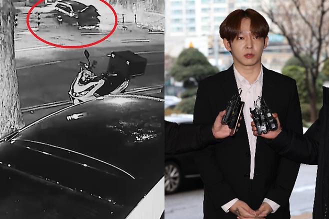 지난 8일 새벽 인천시 남동구 구월동 편도 4차로 도로에서 무면허 음주운전 차량이 중앙선을 넘어가 마주 오던 SUV(빨간 원)와 충돌한 모습. 오른쪽은 지난달 27일 음주운전을 해 입건된 가수 남태현. 채널A 보도화면 캡처‧연합뉴스