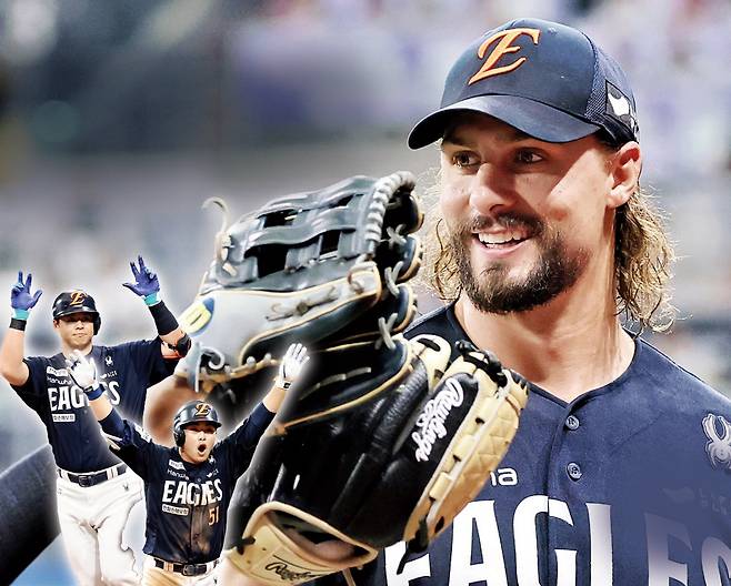 한화가 11일 고척 키움전에서 선발 라이언 와이스(큰 사진)의 8이닝 무실점 역투와 중심타자 노시환(작은 사진 왼쪽), 문현빈의 활약을 더해 12연승을 질주했다. 연합뉴스