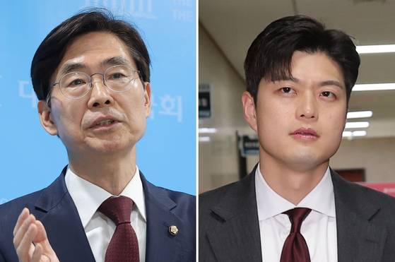 조경태 국민의힘 의원(왼쪽)과 국민의힘 비상대책위원장으로 내정된 김용태 당 공동선거대책위원장. 〈사진=연합뉴스〉