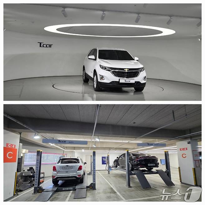 8일 경기도 부천의 중고차매매단지 5층에 자리한 롯데렌탈 T카 부천점 전시장 모습. 롯데렌탈 중고차 소매 전문 브랜드 T카는 전시장에 차량 사진을 찍는 '포토존'(위)과 성능 검사를 할 수 있는 리프트 2대(아래)를 운영하고 있다. 2025.05.08/뉴스1 김성식 기자