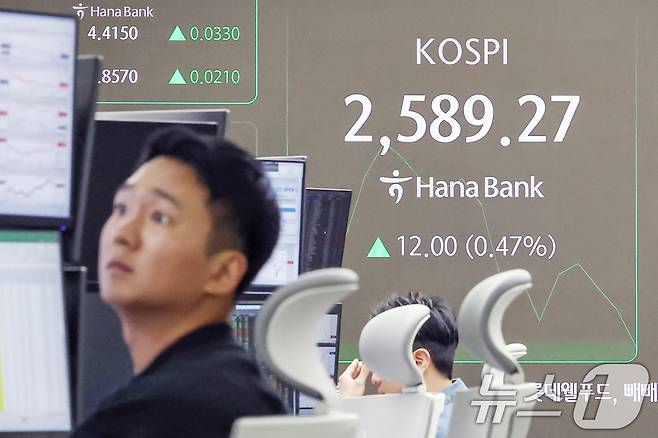 12일 오전 서울 중구 하나은행 딜링룸 전광판에 코스피 지수가 전일 대비 12.00포인트(0.47%) 상승한 2,589.27을 나타내고 있다. ⓒ News1 민경석 기자