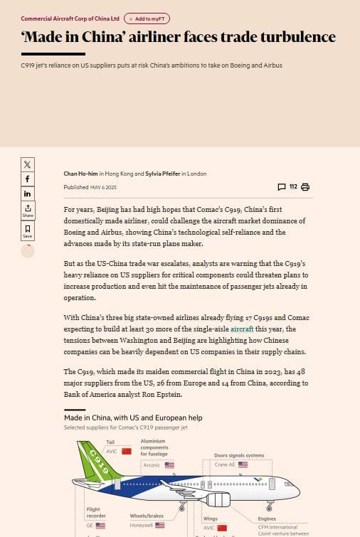 파이낸셜타임스는 5월6일 "중국 자체 개발 여객기 C919가 무역 전쟁의 혼란에 직면했다"고 보도했다. /FT
