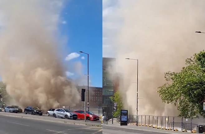 영국 맨체스터 도심에서 30m 높이의 거대한 먼지 기둥이 발생하면서 시민들을 놀라게 했다. /X(옛 트위터)