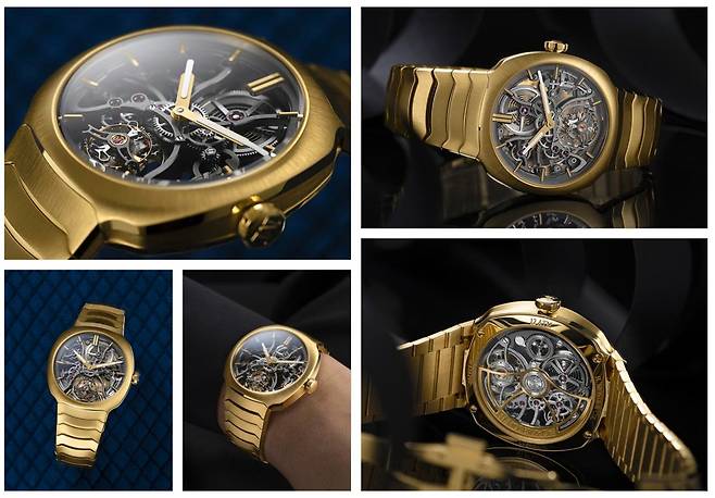 모저앤씨 스트림라이너 투르비용 스켈레톤 부티크 에디션. 17점만 한정 생산됐으며, 한국에는 1점만 입고될 예정이다. 18캐럿 황금 소재의 일체형 브레이슬릿 형태로 만들어졌고, 스켈레톤 구조의 HMC 814 무브먼트가 탑재됐다. /모저앤씨 제공