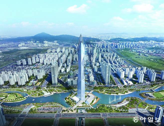 청라시티타워 조감도. 448m 지어질 경우 세계에서 6번째로 높은 전망대가 되지만 김포공항과 인접해 있어 항공기 비행 안전성 문제가 논란이 되고 있다. 인천경제청 제공