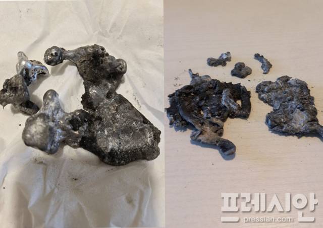 ▲ 철거 현장 잿더미 속에서 발견된 귀금속. 높은 열과 화합물에 의해 반응하여 검게 변색이 일어나 형태를 알아볼 수 없을 정도로 변했다. ⓒ 독자제공