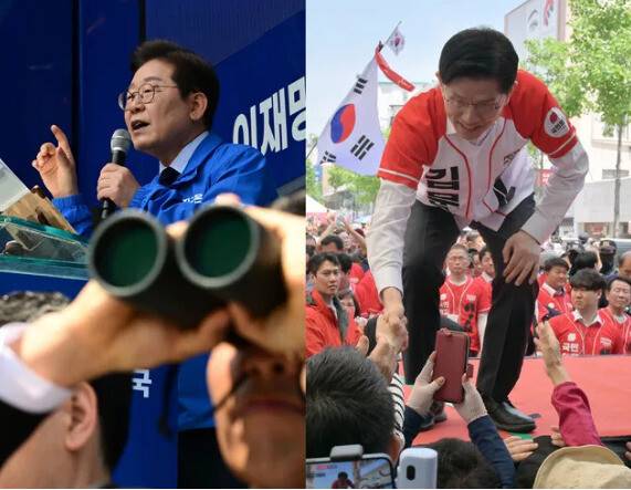 이재명 더불어민주당 대통령 후보와 김문수 국민의힘 대통령 후보가 13일 각각 경북 구미역 광장과 울산 남구 뉴코아아울렛 앞에서 지지를 호소하고 있다. 공동취재사진