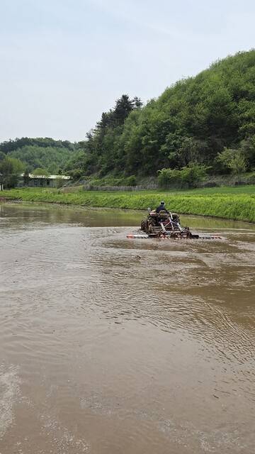 논둑을 손질하고 논에 물을 댄 뒤에 써레질을 하고 있다. 써레질하고 나서 흙탕물이 가라앉는 사흘 뒤면 모내기를 한다. 원혜덕 제공