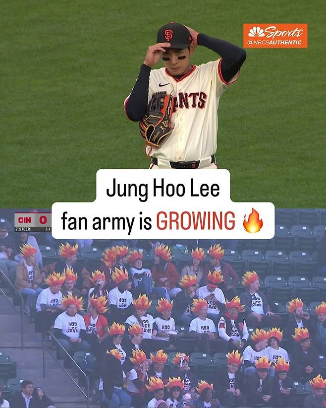 ▲ 이정후와 이정후를 응원하는 \'후리건스\' ⓒNBC스포츠베이아레나 SNS