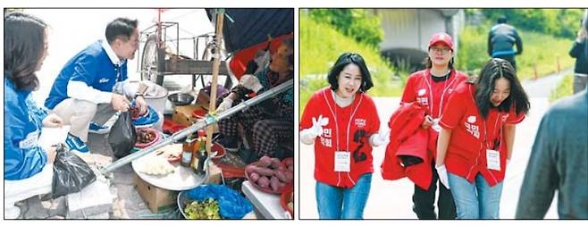 ▲ 13일 허영 더불어민주당 강원도당 공동상임선대위원장과 선거운동원이 춘천 동부시장에서 이재명 후보 지지를 부탁하고 있다(왼쪽 사진).같은 날 춘천 석사천 산책로에서 김혜란 국민의힘 강원도당 공동선대위원장과 당원들이 도보유세로 김문수 후보 지지를 호소하고 있다. 김정호·방도겸 기자