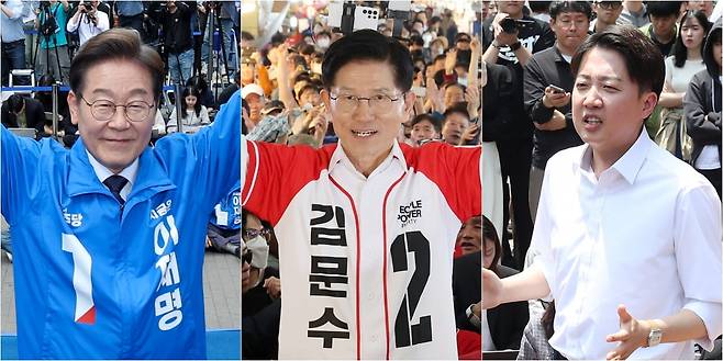 제21대 대통령 선출을 위한 공식 선거운동 이틀째인 지난 13일 더불어민주당 이재명 대선 후보(사진 왼쪽부터)가 대구광역시 동성로 거리에서, 국민의힘 김문수 대선 후보가 울산 남구 신정시장에서, 개혁신당 이준석 대선 후보가 대구 경북대학교에서 집중 유세를 하고 있다. /사진=연합뉴스