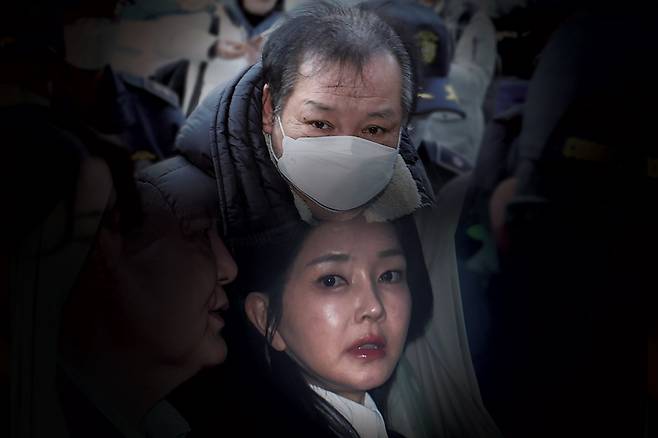 (위)정치자금법 위반 혐의를 받는 건진법사 전성배씨가 지난해 12월 서울남부지법에서 열린 영장실질심사에 출석하는 모습. (아래)윤석열 전 대통령과 김건희 여사가 헌법재판소 파면 결정 후 일주일 만인 4월11일 서울 용산구 한남동 대통령 관저를 떠나고 있다. ⓒ 연합뉴스·시사저널 이종현