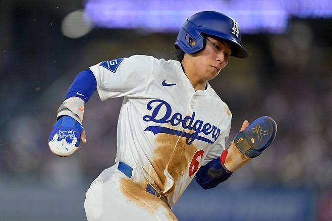 LA 다저스 김혜성이 16일 애슬레틱스전에서 2회말 홈을 향해 질주하고 있다. Imagn Images연합뉴스