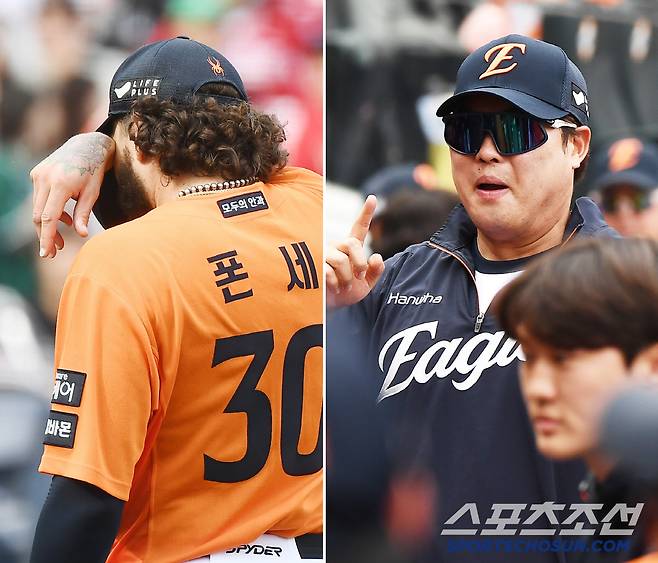 감격의 눈물 흘리며 18K 신기록을 세운 폰세를 향해 류현진이 '1이닝 더?'를 가리켰다. 사진=정재근 기자