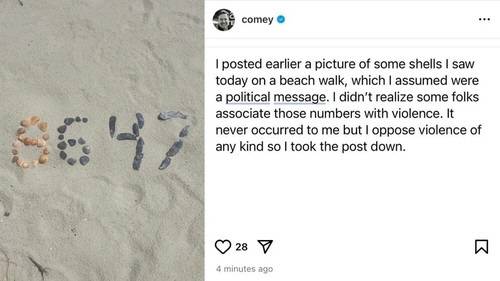 지난 15일(현지시간) 제임스 코미 전 연방수사국(FBI) 국장이 인스타그램에 올렸다가 지운 사진(왼쪽)과 그 후 올린 해명 글(오른쪽). 제임스 코미 인스타그램 게시물 캡처. 연합뉴스