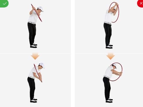 몸을 훌라후프 안에 넣고 스윙을 해보면 궤도를 눈으로 확인할 수 있다. 오른쪽 사진처럼 백스윙 때 몸통 회전 없이 손과 팔로만 들어 올리면 역 피봇이나 엎어 치는 다운스윙이 나오기 쉽다.