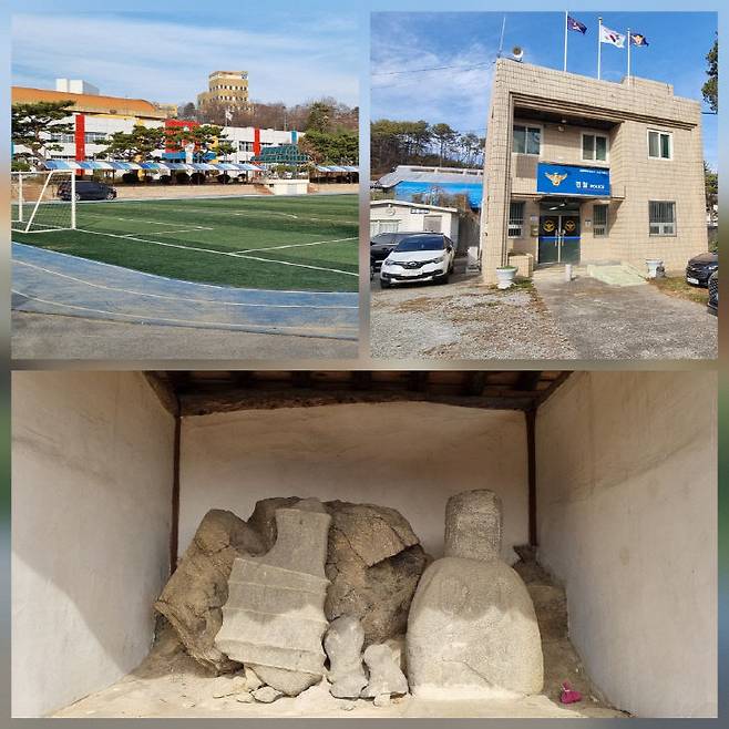 전동초와 전동파출소, 전동면 미곡리 향토 문화유산 70호 '미륵불' 모습. 부처님 형상을 하고 있고, 사당에 자리잡고 있다.사진=중도일보 DB.