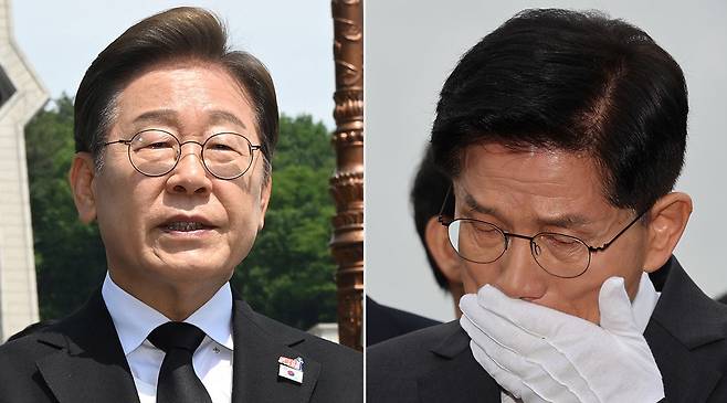 이재명 더불어민주당 대통령 후보(왼쪽)가 18일 광주 북구 국립5·18민주묘지에서 열린 ‘제45주기 5·18 민주화운동기념식’에 참석한 뒤 취재진 질문에 답하고 있다. 김문수 국민의힘 대통령 후보가 17일 오전 광주 북구 5.18민주묘지를 찾아 박관현 열사의 묘역에서 눈시울을 붉히고 있다. 2025.05.17 뉴스1·뉴시스