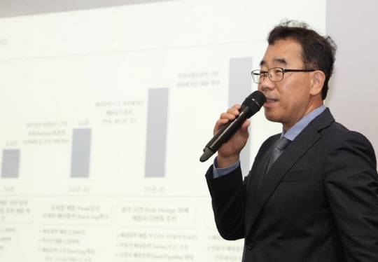 이승철 SK오션플랜트 대표이사가 16일 서울 여의도 미래에셋증권에서 'SK오션플랜트 CEO Analyst Communication Day(기업설명회)'에서 사업계획에 대해 설명하고 있다. SK오션플랜트 제공