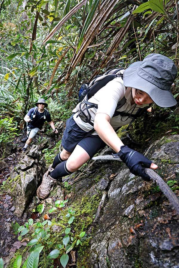 캠프5를 떠나 피너클을 보기 위해 가파른 산길을 오르고 있다. 초입부터 급경사 바위 구간이 나온다. 로프를 잡고 올라야 하는 구간이 많아 장갑 착용은 필수다.
