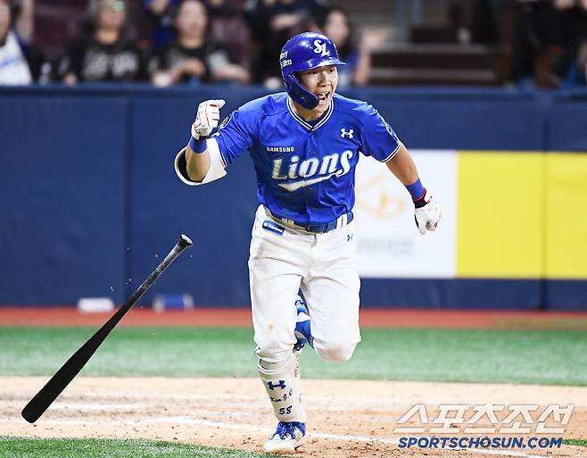 20일 서울 고척스카이돔에서 열린 삼성-키움전. 11회초 1사 만루 김지찬이 1타점 적시타를 친 후 환호하고 있다. 고척=정재근 기자 cjg@sportschosun.com/2025.5.20/