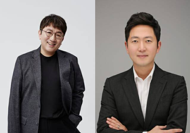 방시혁 하이브 의장(좌) 이재상 하이브 대표(우)