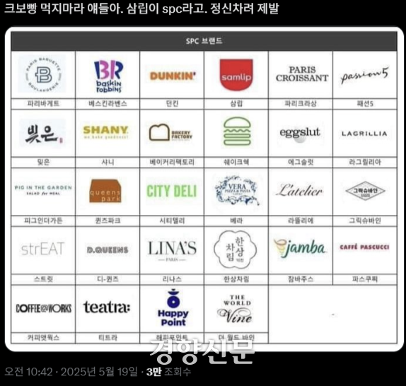 SPC 계열사들의 목록이 지난 19일 엑스(X·옛 트위터)에 게시돼 있다. 엑스 갈무리