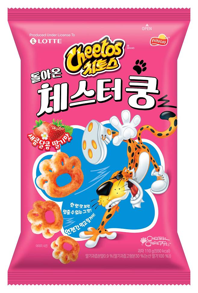 롯데웰푸드는 소비자들의 꾸준한 재출시 요청에 응답해 30여년 만에 ‘치토스 돌아온 체스터쿵’ 새콤달콤 딸기맛을 최근 선보였다.