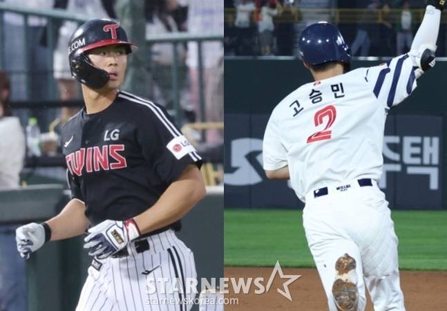 21일 사직 경기에서 홈런을 때려낸 LG 이영빈(왼쪽)과 롯데 고승민. /사진=김진경 대기자