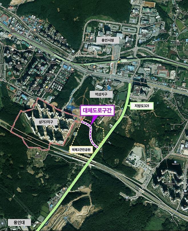 삼가 힐스테이트 아파트로 연결되는 임시 대체도로 위치도. 용인시 제공