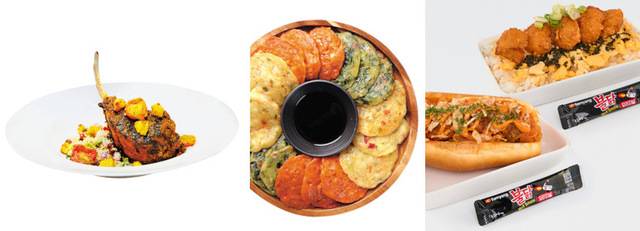 국내 항공사들이 다채로운 메뉴로 탑승객 입맛을 사로잡고 있다. 왼쪽에서부터 대한항공 모로코식 양고기, 이스타항공 삼색전, 제주항공의 불닭핫도그(왼쪽)와 불닭가라아게동. 각 사 제공