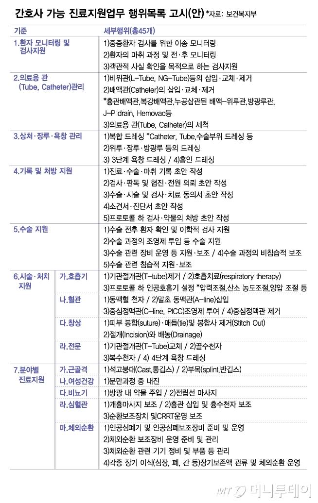 간호사 가능 진료지원업무 행위목록 고시(안)/그래픽=김다나