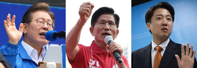 더불어민주당 이재명 후보는 22일 제주 유세에서 “(제주 4·3사건 등) 국가폭력범죄에 대해선 영구적으로 공소시효를 배제하겠다”고 했다(왼쪽 사진). 가운데 사진은 경기 광명에서 유세 중인 국민의힘 김문수 후보 모습. 김 후보는 이날 국회의원 10% 감축 등 정치개혁 공약도 내놨다. 개혁신당 이준석 후보는 국회에서 기자회견을 열고 “끝까지 이준석, 개혁신당 이름으로 승리할 것”이라며 김 후보와의 단일화 가능성에 선을 그었다. 제주=뉴시스·광명=장승윤 tomato99@donga.com·박형기 기자