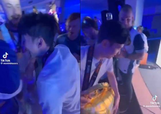 UEL 우승 축하 파티 중인 손흥민. /사진=풋볼 컨피덴셜 SNS 갈무리