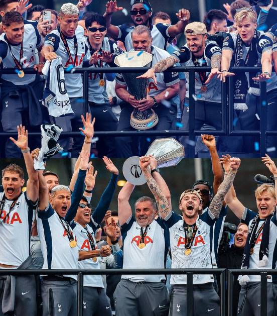 UEL 우승 트로피를 들고 기뻐하는 엔제 포스테코글루(가운데) 감독과 토트넘 선수들. /사진=토트넘 공식 SNS