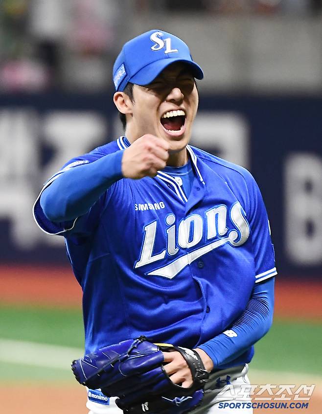 20일 서울 고척스카이돔에서 열린 삼성-키움전. 8회말 1사 만루 카디네스를 유격수 병살타로 처리한 원태인이 포효하고 있다. 고척=정재근 기자 cjg@sportschosun.com/2025.5.20/