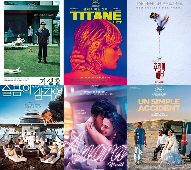 왼쪽 위부터 시계방향으로 '기생충' '티탄' '추락의 해부' '잇 워즈 저스트 언 액시던트' '아노라' '슬픔의 삼각형' 포스터