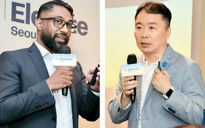 샨 무어티 워크데이 아시아태평양지역 최고기술책임자(왼쪽)와 정응섭 워크데이코리아 지사장이 22일 잠실 롯데월드호텔에서 열린 기자간담회에서 발언하고 있다. 워크데이