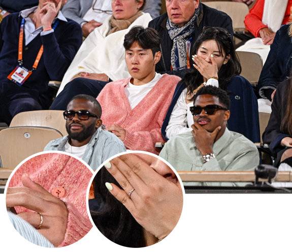 다음날인 26일 롤랑가로스 대회에서 포착된 이강인과 박상효 씨. 두 사람은 왼손 약지에 커플링으로 보이는 반지를 끼고 있다. /게티이미지