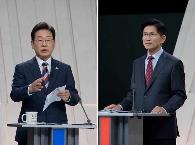 27일 3차 TV토론에서 이재명(왼쪽) 후보와 김문수 후보가 '윤석열 전 대통령과의 관계 단절'을 두고 맞섰다. /뉴스1