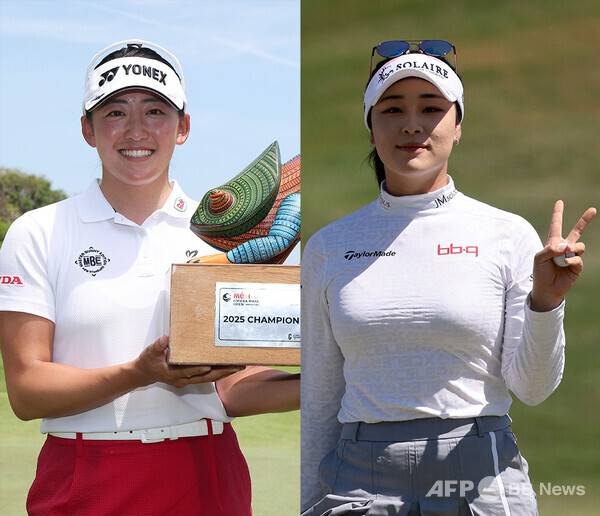 2025년 미국여자프로골프(LPGA) 투어 신설 대회인 '멕시코 리비에라 마야 오픈 앳 마야코바' 우승을 차지한 일본의 루키 이와이 치사토(사진제공=Getty_LPGA). 루키 윤이나 프로(사진제공=ⓒAFPBBNews = News1)