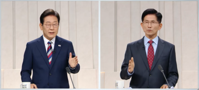 ▲ ▲ 더불어민주당 이재명 대선 후보와 국민의힘 김문수 대선 후보가 27일 서울 마포구 상암동 MBC 스튜디오에서 진행된 정치 분야 TV토론회에서 질문을 주고 받고 있다. MBC 방송 캡처