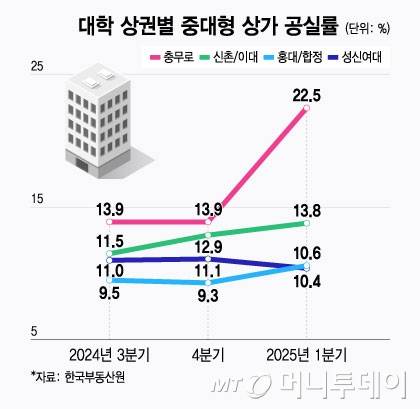 대학 상권별 중대형 상가 공실률./그래픽=윤선정 디자인기자.