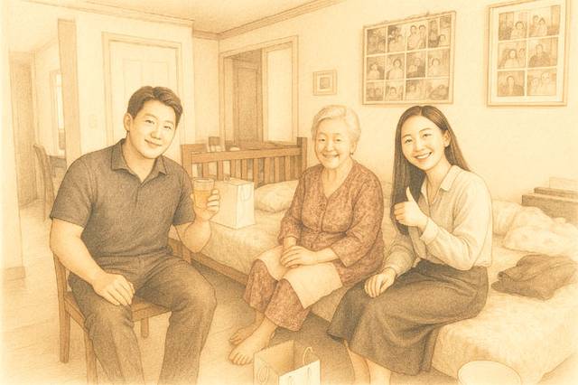 2024년 9월 추석 연휴를 앞두고 아들 내외가 결혼식 인사차 어머니를 방문했을 때 찍은 사진. 이정욱 촬영·AI 스케치 변환