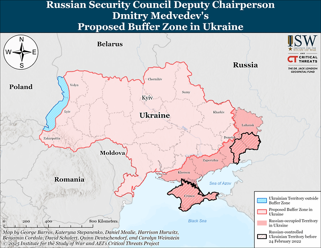 드미트리 메드베데프 러시아 국가안보회의 부의장이 제안한 완충 지대와 점령지. 사진=미국전쟁연구소(ISW)