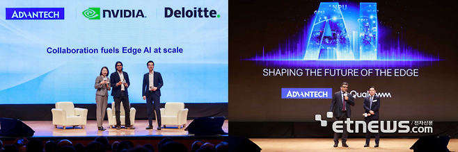 (사진 왼쪽) 어드밴텍 iSystem 사업부 린다 짜이 사장, 엔비디아 Robotics & Edge AI 사업부 디푸 탈라 부사장, 딜로이트 Asia Pacific Smart Factory Business Lead 존 야스노라 야마모토. (사진 오른쪽) 퀄컴 Automotive and Industrial & Embedded IoT 비즈니스 그룹 총괄 나쿨 더갈, 어드밴텍 Embedded 사업부 밀러 창 사장.