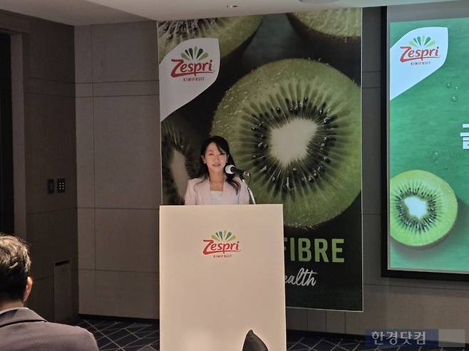 28일 열린 기자간담회에서 콕휘 응 제스프리 인터내셔설 마케팅 제너럴 매니저가 브랜드 방향성에 대해 발언하고 있다./사진=박수림 기자