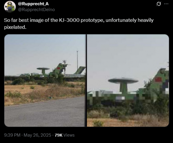 최근 지상에서 확인된 중국의 신형 공중조기경보통제기 KJ-3000의 모습. 엑스(@Rupprecht_A) 캡처