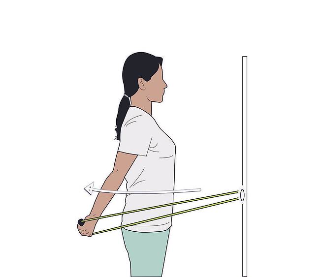 ➌ 밴드 뒤쪽으로 회전하기. 아픈 쪽 팔을 뻗어 팔꿈치를 완전히 편 상태에서 손바닥이 뒤를 향하게 하고 최대한 뒤로 탄력 고무줄의 손잡이를 잡아당긴다. 10∼15회 반복.