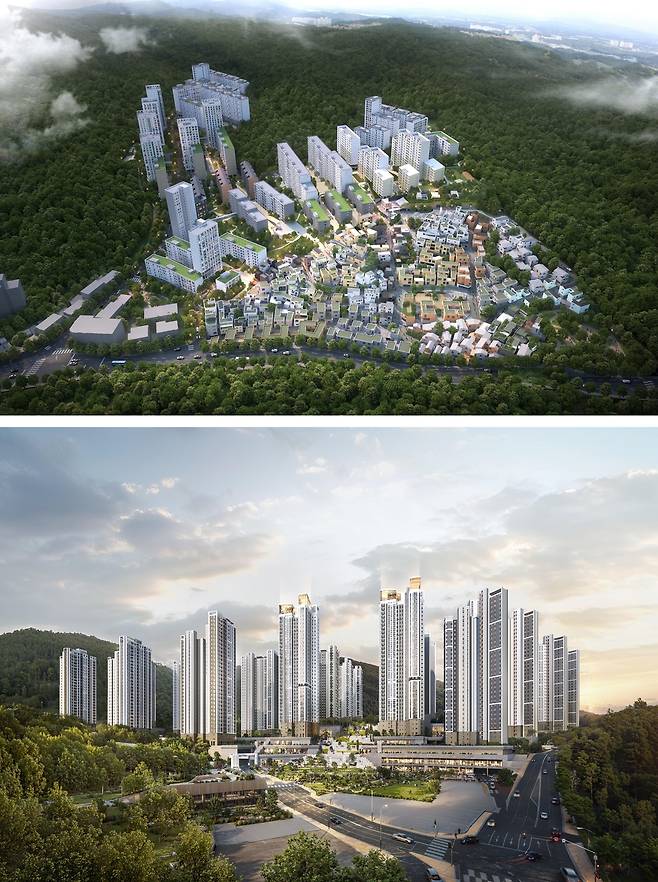 백사마을 기존 조감도(위)와 변경계획에 따른 조감도(아래). 서울시 제공